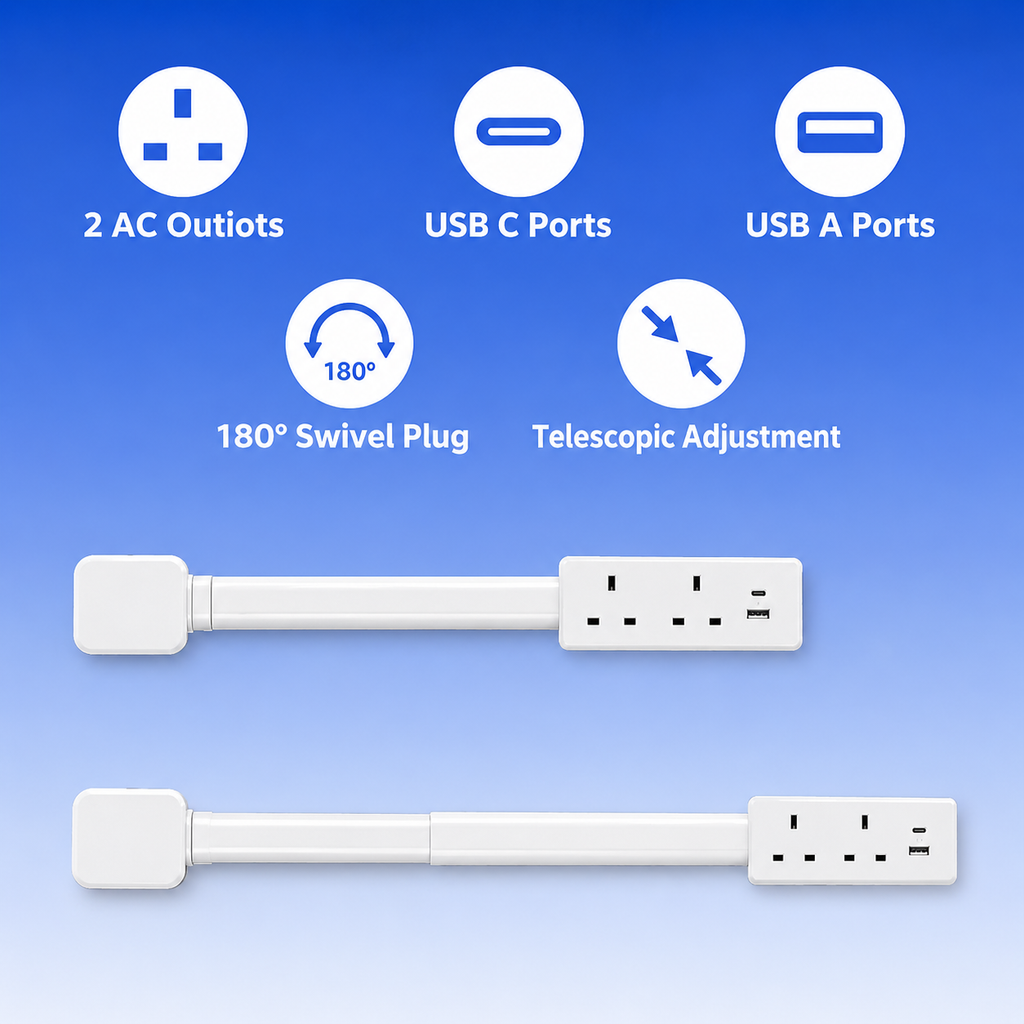 Bendable Wall-Mounted Extendable Power Outlet Board with 180° Swivel Arm, Dual AC Outlets, USB-A & USB-C Fast Charging