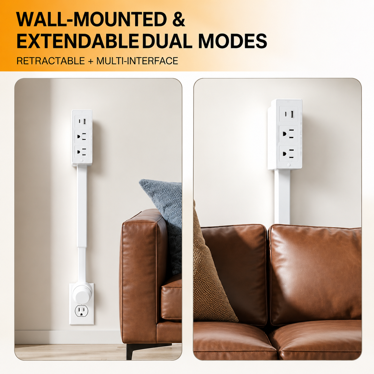 Bendable Wall-Mounted Extendable Power Outlet Board with 180° Swivel Arm, Dual AC Outlets, USB-A & USB-C Fast Charging
