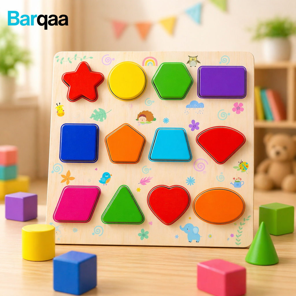 Kids 3D Geometric Shapes Guide Wooden Puzzle Board large 12x12 inches