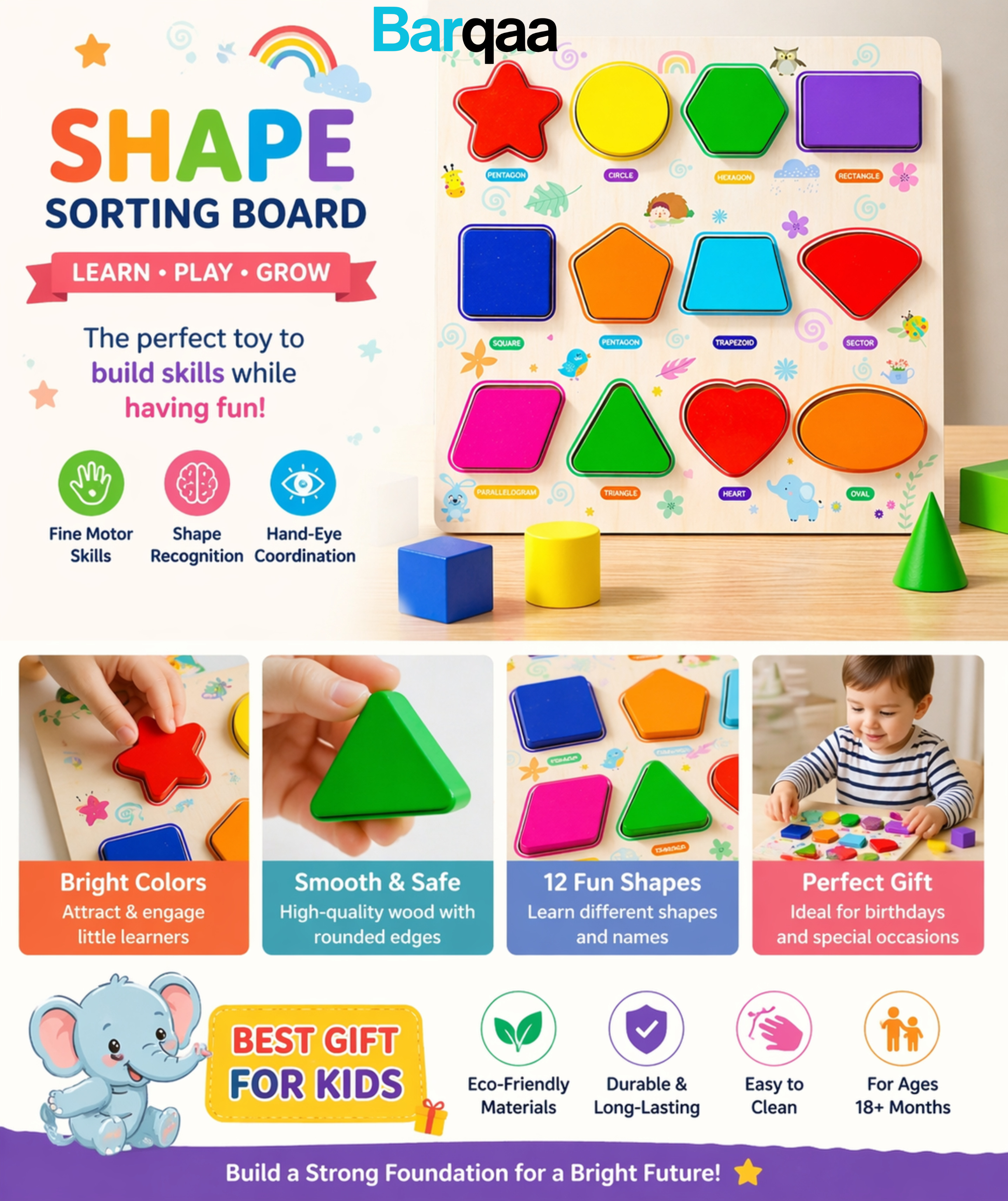 Kids 3D Geometric Shapes Guide Wooden Puzzle Board large 12x12 inches
